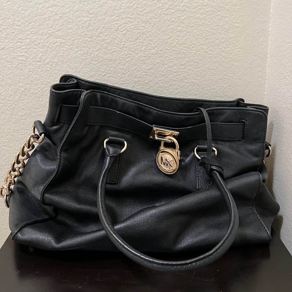 Michael Kors Black Saffiano Leathet Tote with Gold Chain
